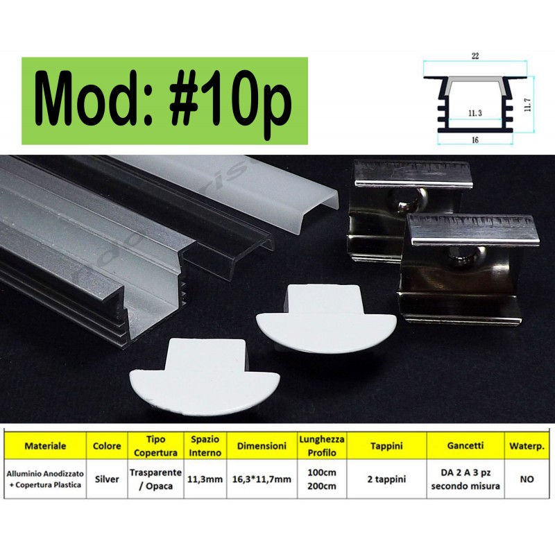 Profilo in Alluminio c/Alette da 1 e 2 metri per Strisce Led fino a 10mm  con proiezione VERTICALE mod: 10p