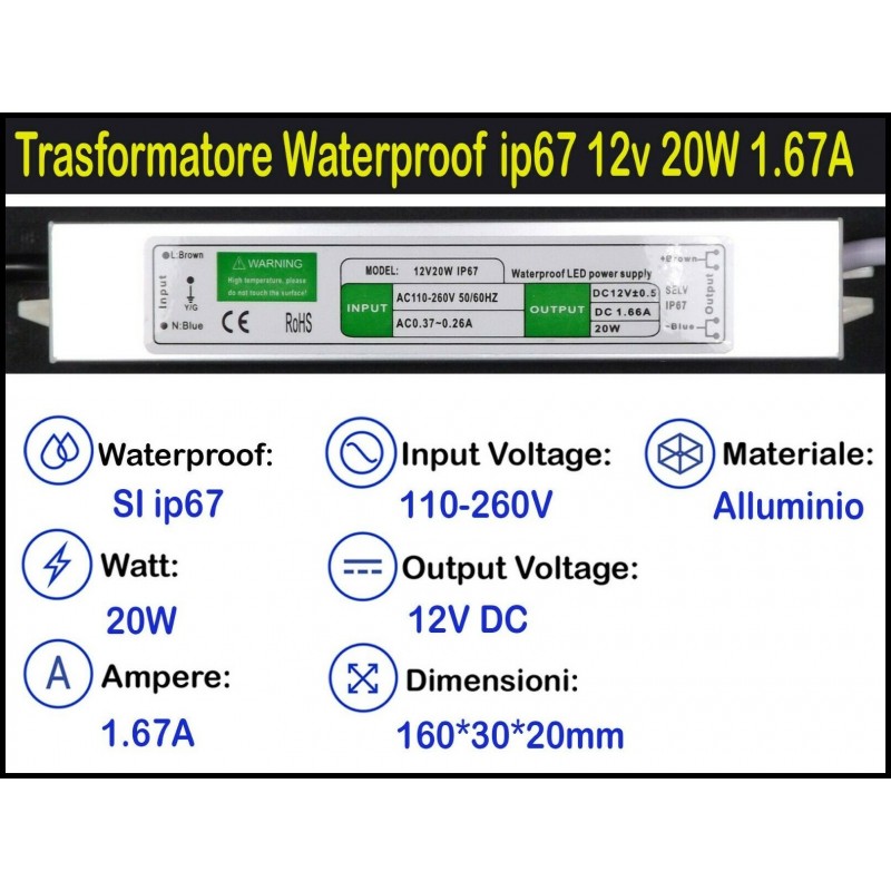 Alimentatore per strisce LED 12V 20W IP67 da incasso scatola 503